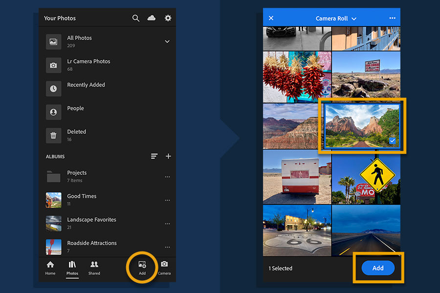 Tap Add to add a photo from your camera roll (left) then tap a thumbnail to begin editing the photo (right)