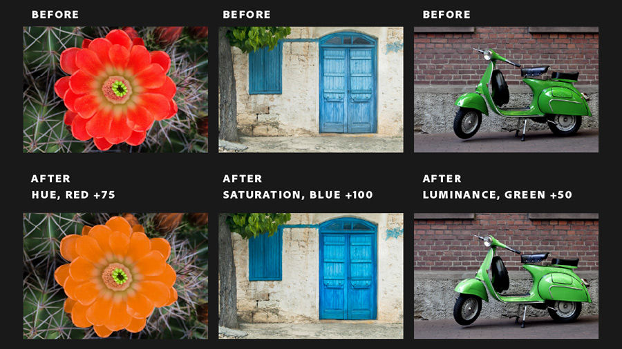 Three before/after examples of images with color adjustments applied