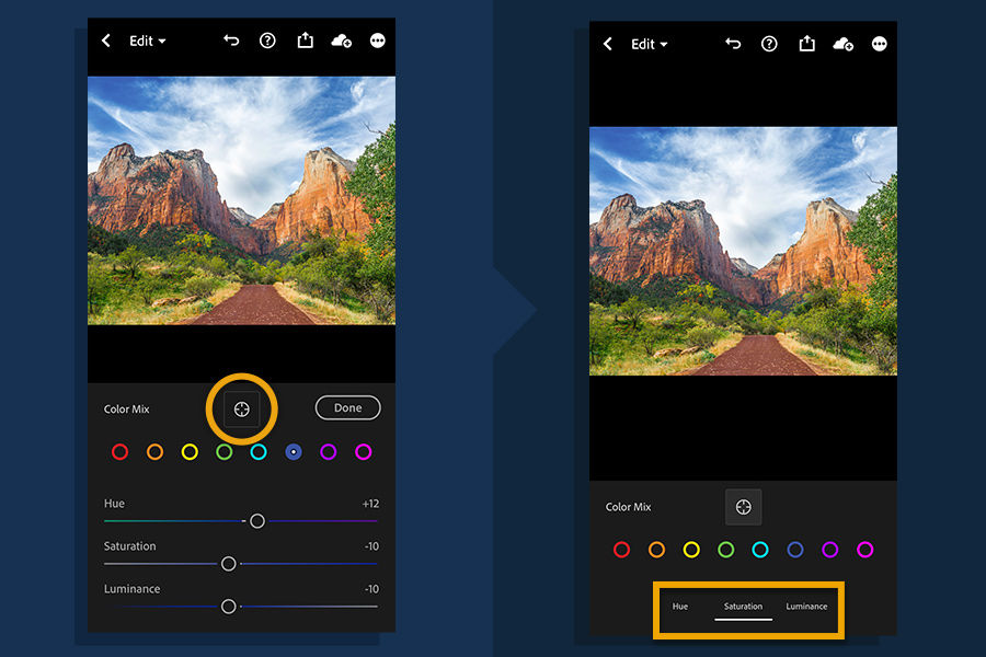 Activate the Targeted Adjustment tool and then select the color property to adjust: Hue, Saturation, or Luminance