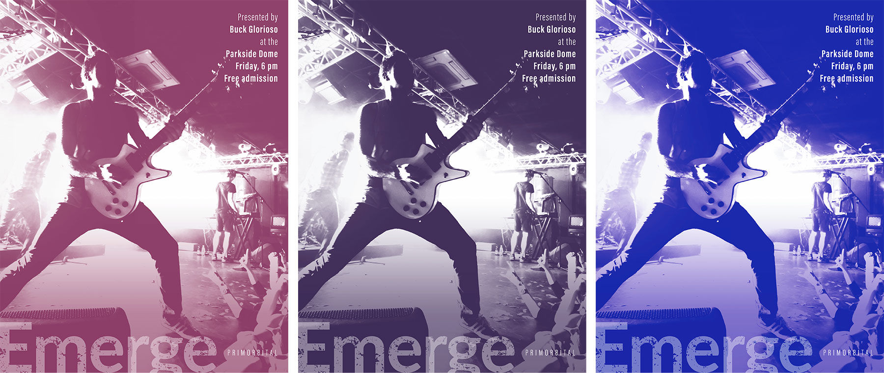 Side-by-side images of the guitar player in pink, purple, and blue colorized black and white photos. 