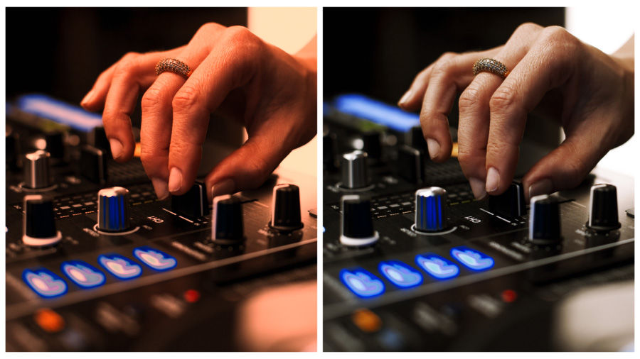Side-by-side image of a mixing board, one with a red color cast and the other with corrected natural colors
