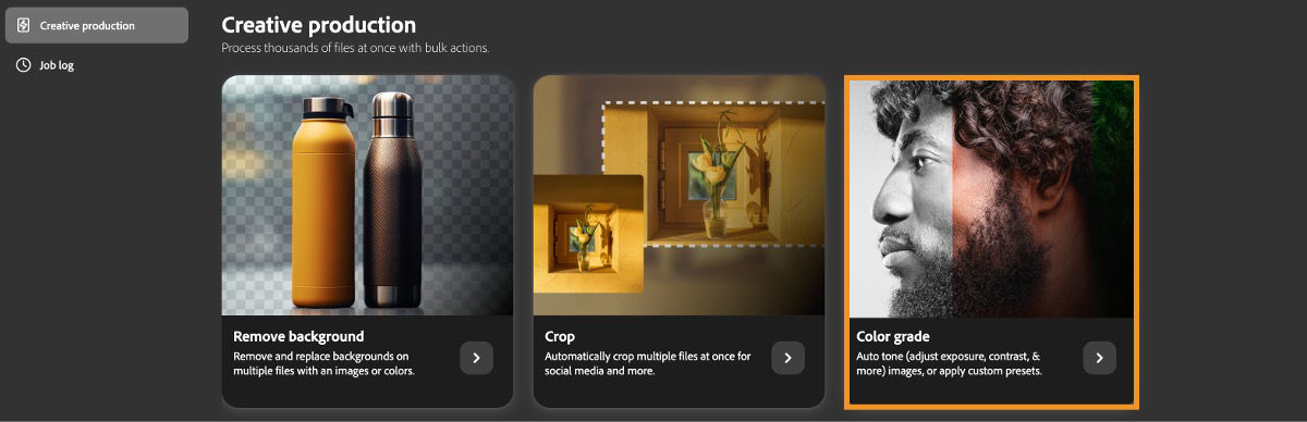 On the Creative Production page, three different modules are available for use. The Color Grade module is selected.