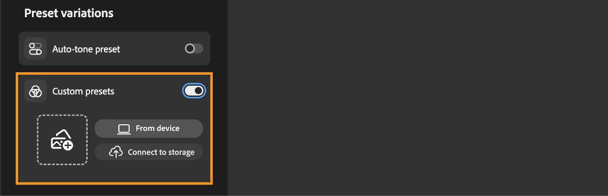 In the Preset variations section, Custom preset is selected and there are options to upload XMP files from device or online storage.