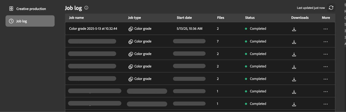 The Job log page is open and it lists all the process jobs with their details like name, Start date, and Status.