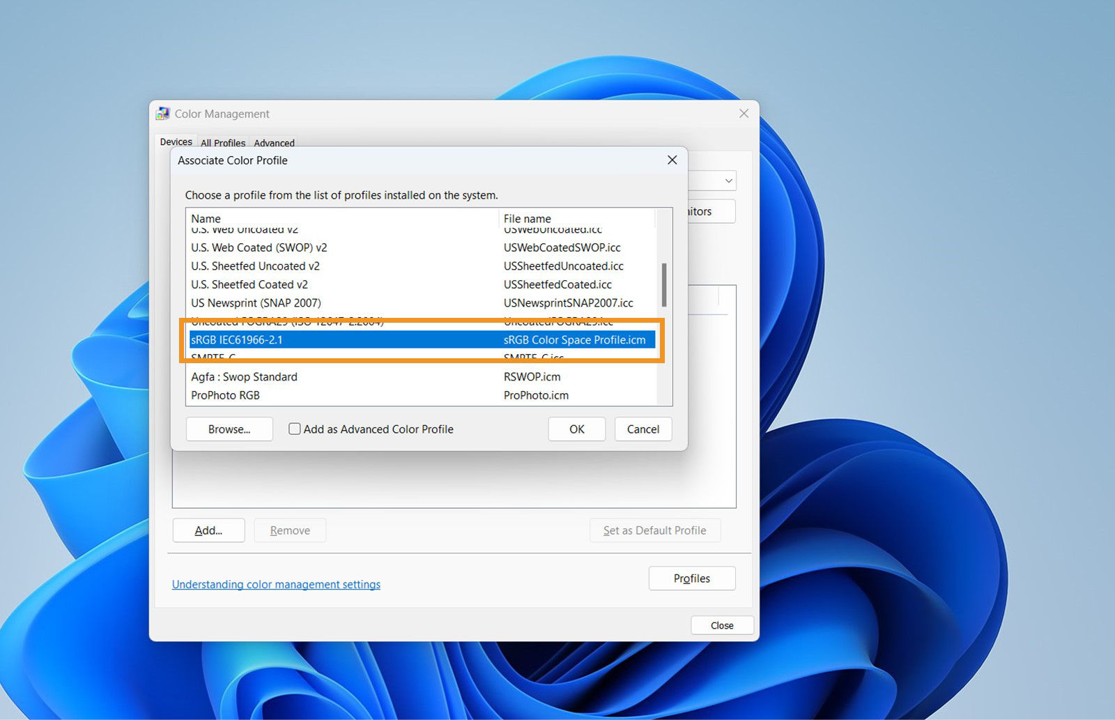 Associate Color Profile pop-up box is opened where sRGB IEC61966-2.1 is selected.