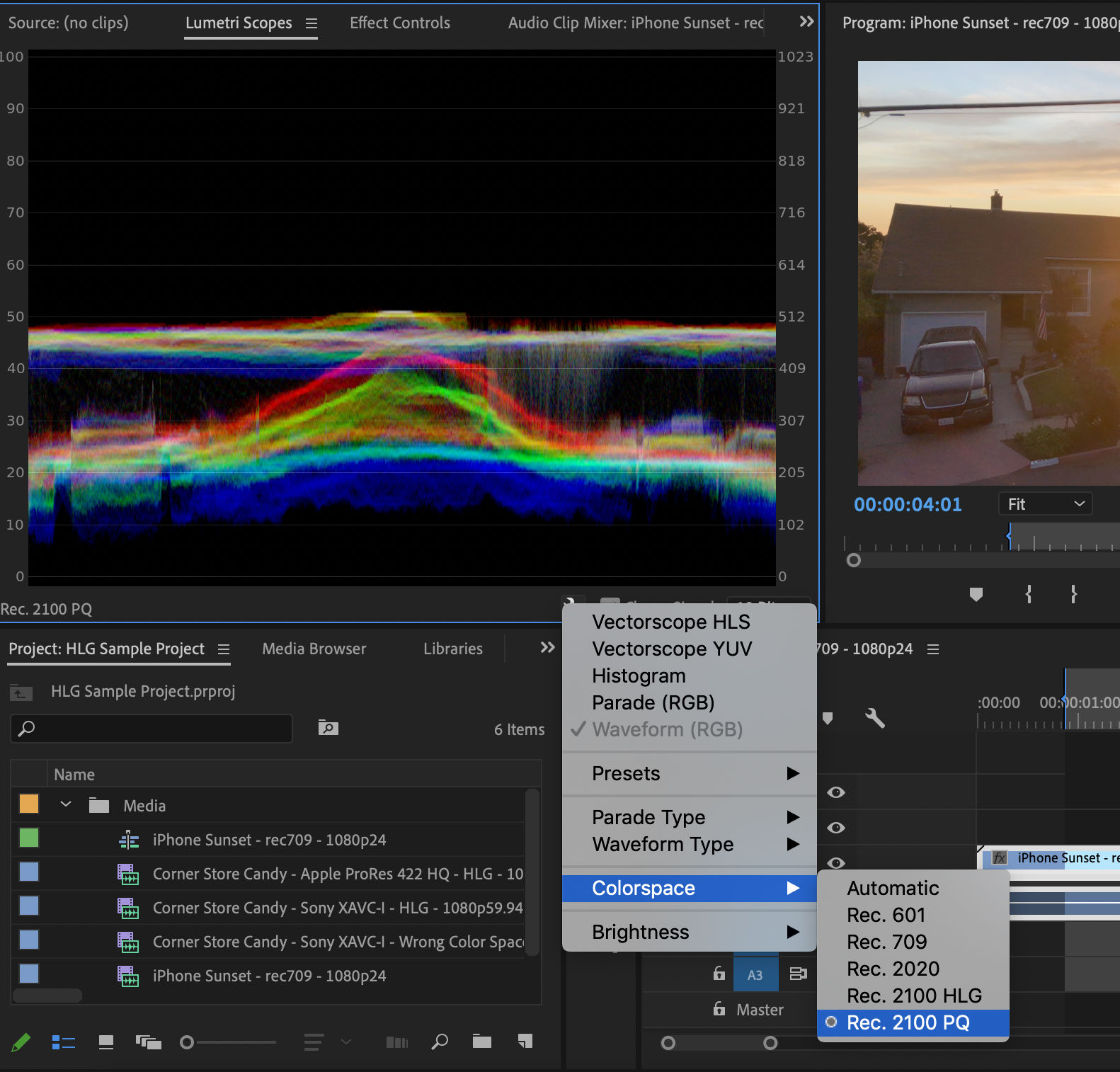 Setting the color space in the Lumetri Scopes panel