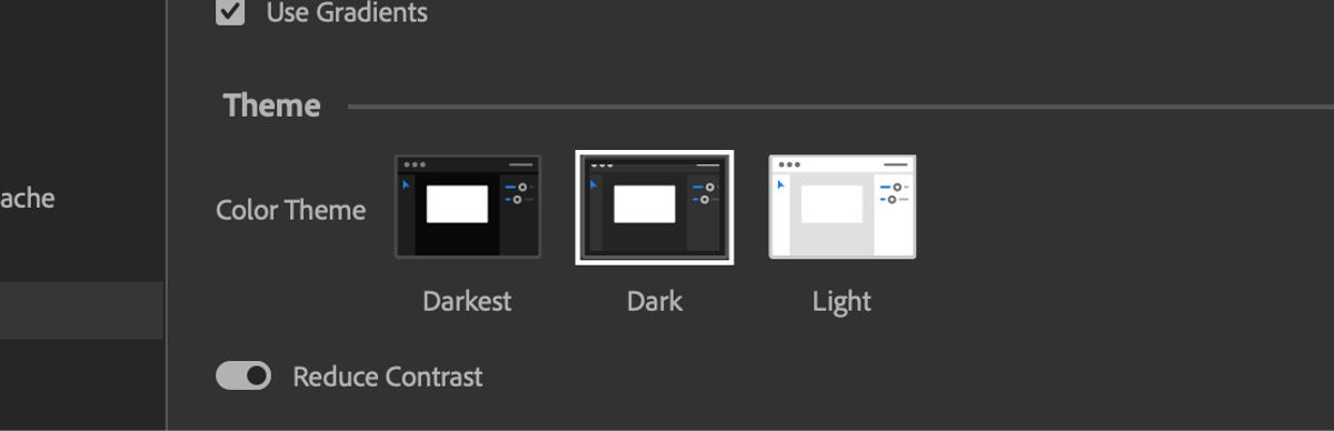 The Appearance panel is open, and under the Theme section, there are three color themes to select from – Darkest, Dark, and Light. Currently, the Dark color theme is chosen.