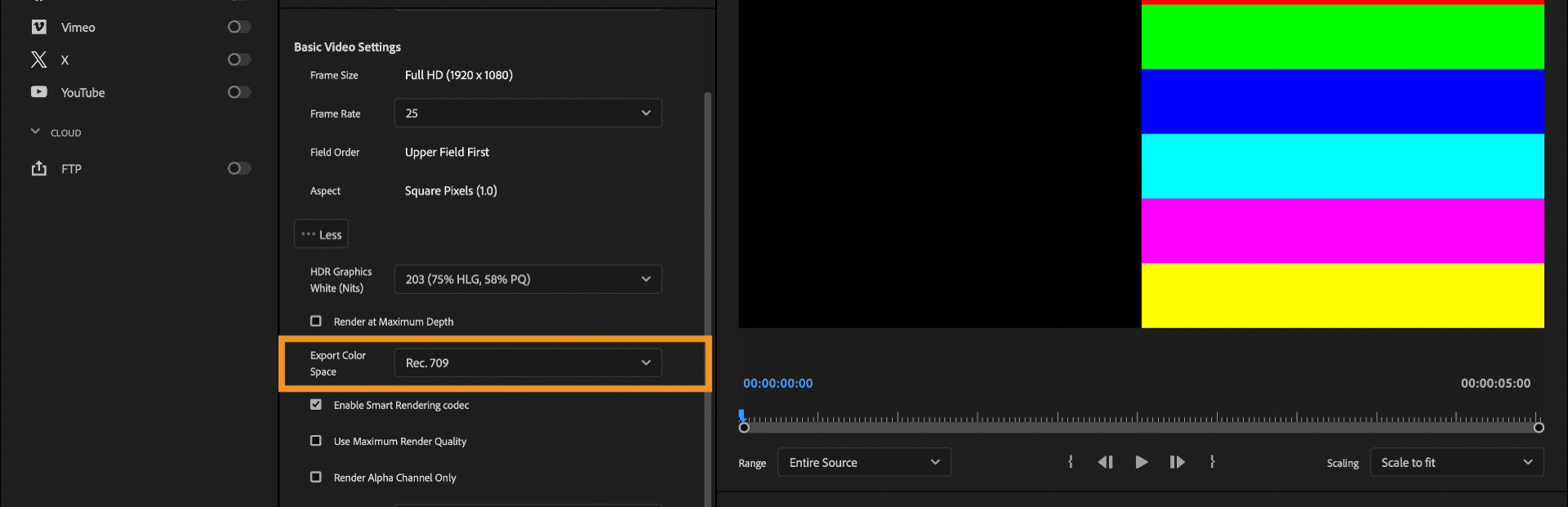 Export settings in Premiere Pro with the Export Color Space option highlighted and Rec.709 selected in the dropdown menu.