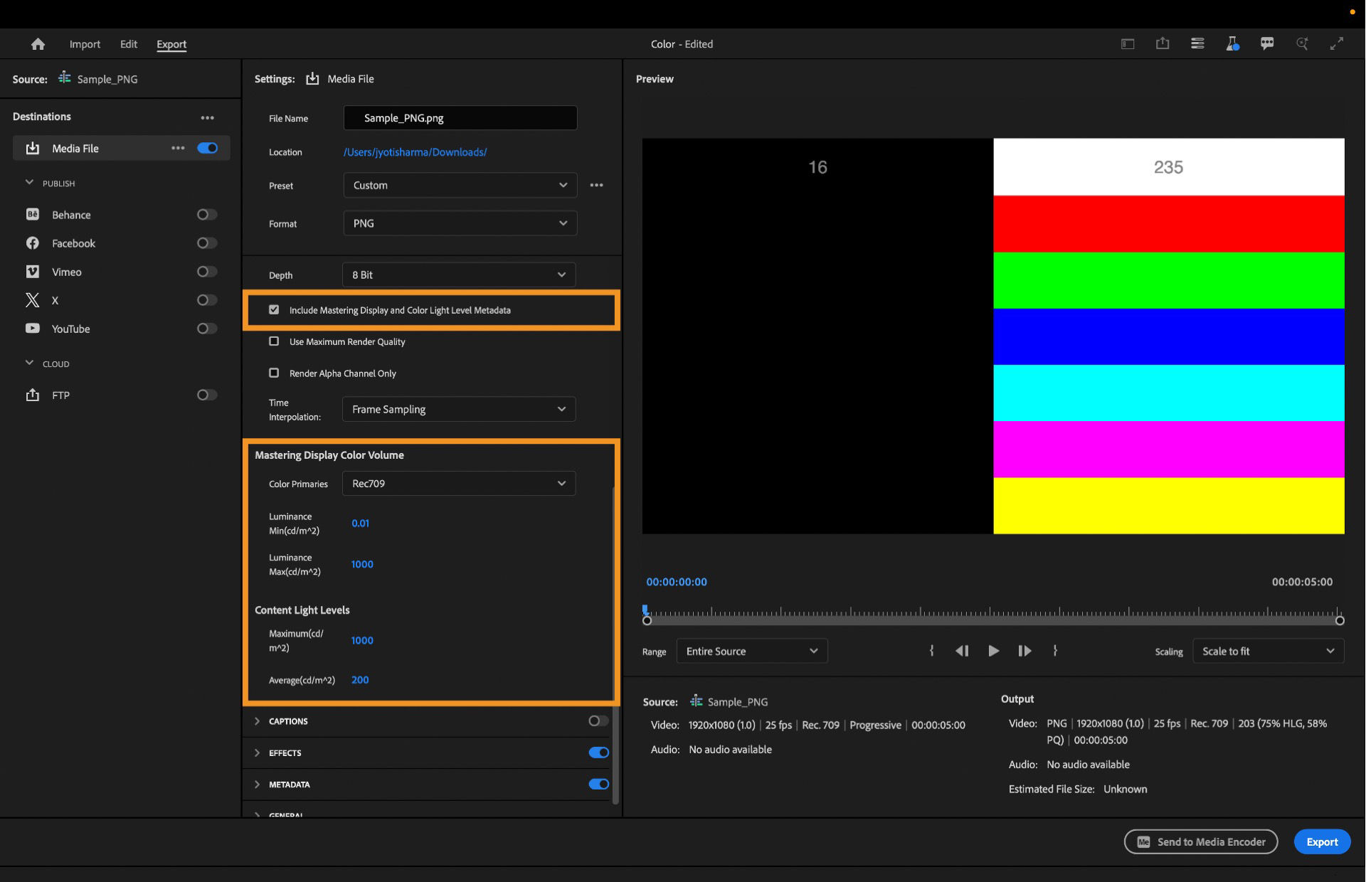 Export settings in Premiere Pro showing the Include Mastering Display and Color Light Level Metadata option enabled, with fields for color primaries, luminance range, and content light levels visible.