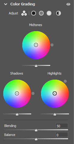 The three color wheels to adjust Shadows, Midtones, Highlights in your photo