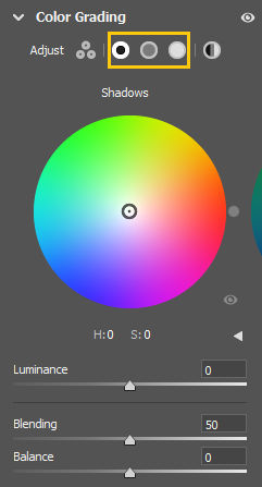 Click these icons to view the individual color wheels for Shadows, Midtones, and Highlights
