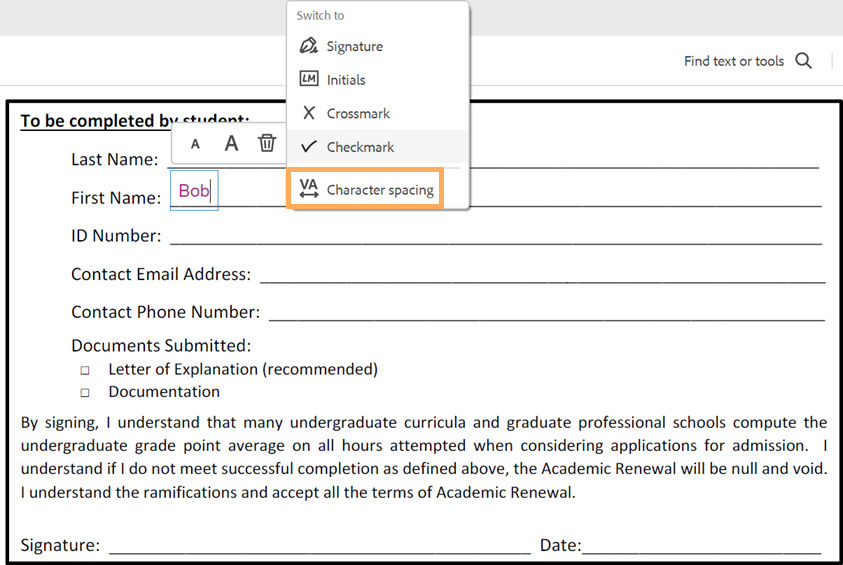 Select Character Spacing for combed text.