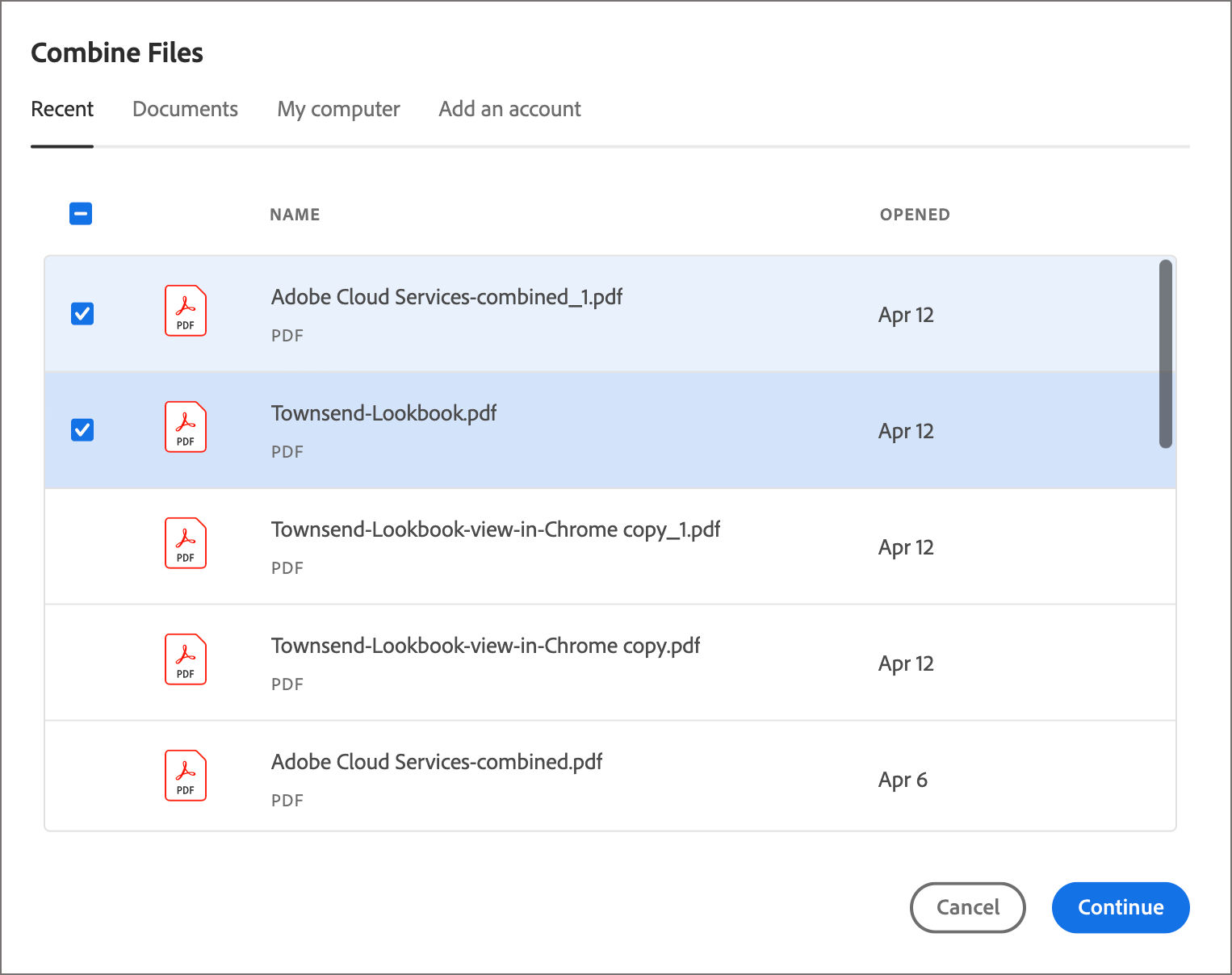 Select a file from the Recent or Files list