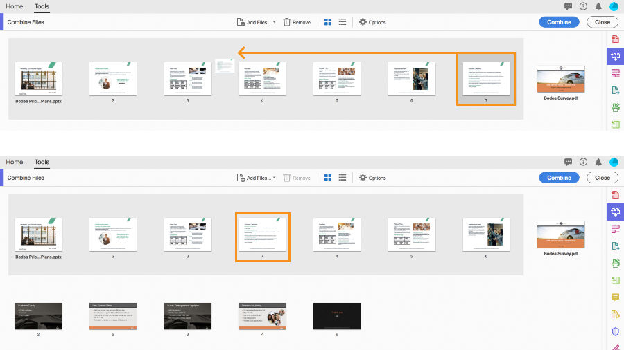 Pages are reordered by selecting, then clicking and dragging to a new location. 