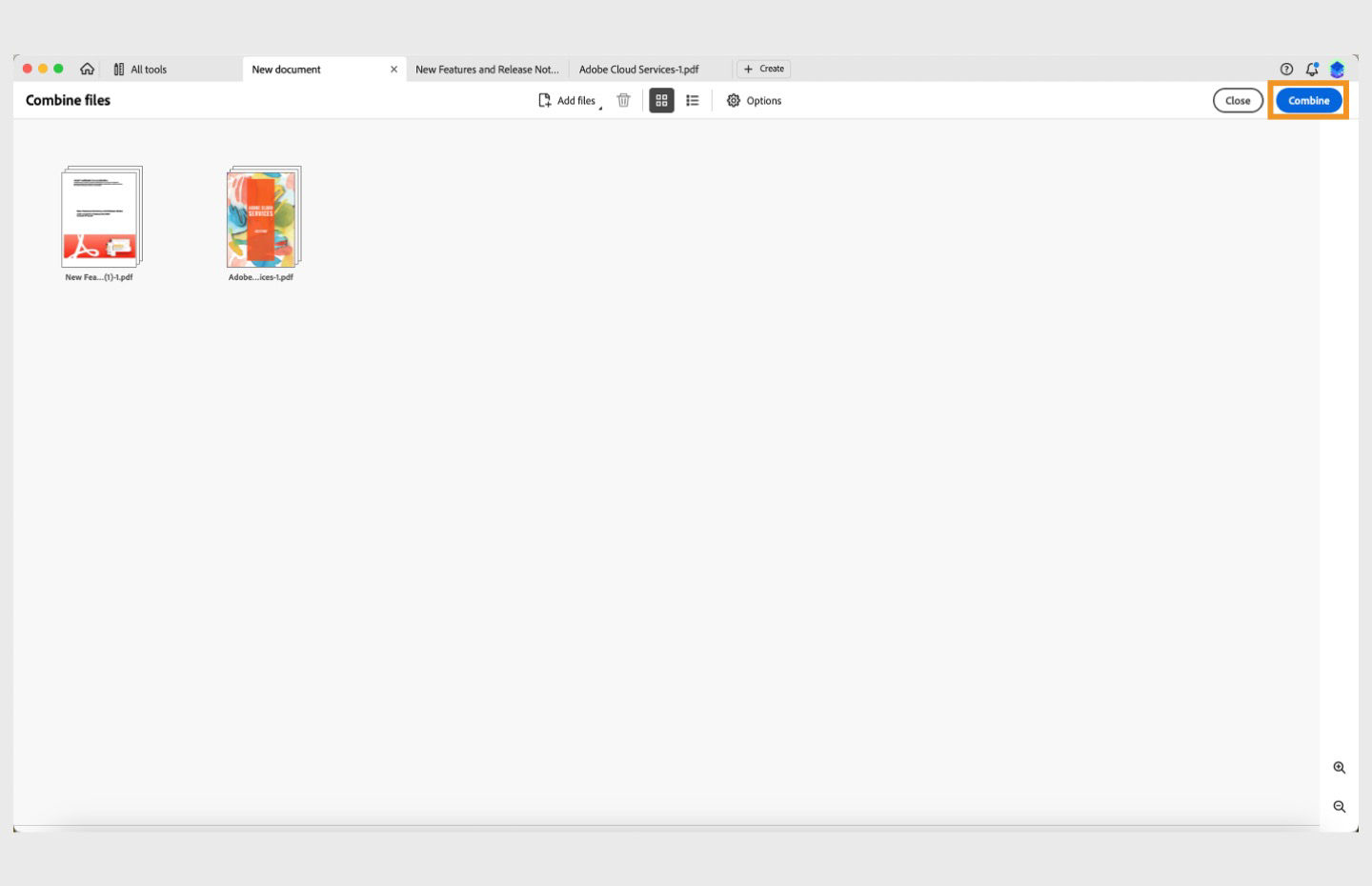 The combine files window is open and the combine option is highlighted in the top right