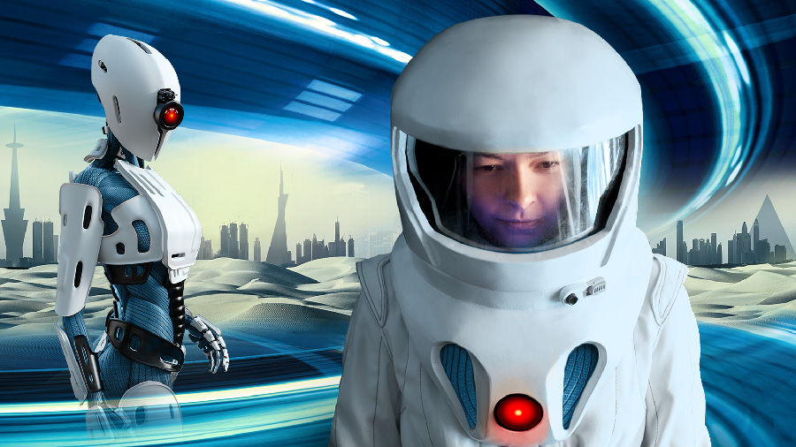 Futuristic depiction of a robot and astronaut in front of a cityscape