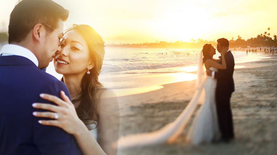 Two images of a wedding couple collaged on a beach background
