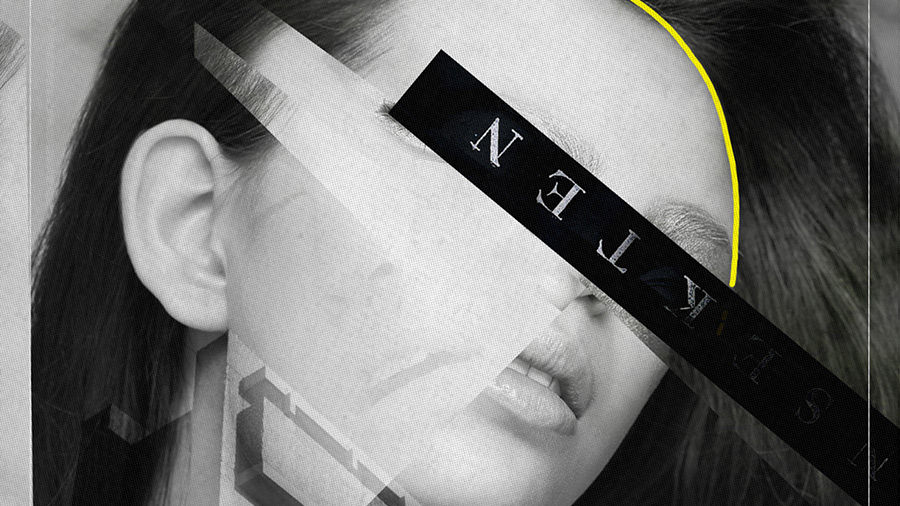Black and white image of a face with words and pops of yellow color layered over it