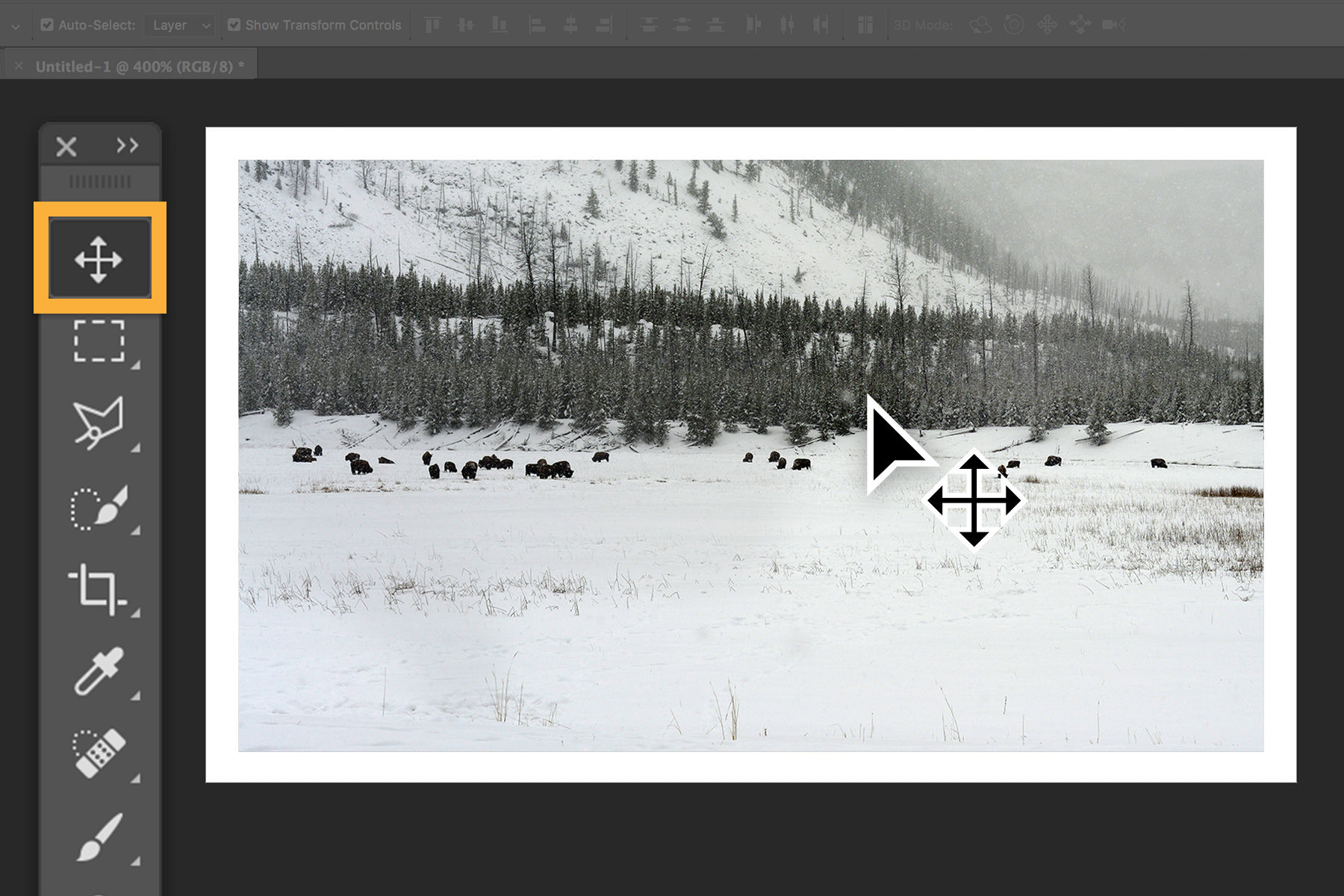 An orange square highlights the Move tool in the toolbar, the Move tool hovers over the wintery frontier landscape photo.