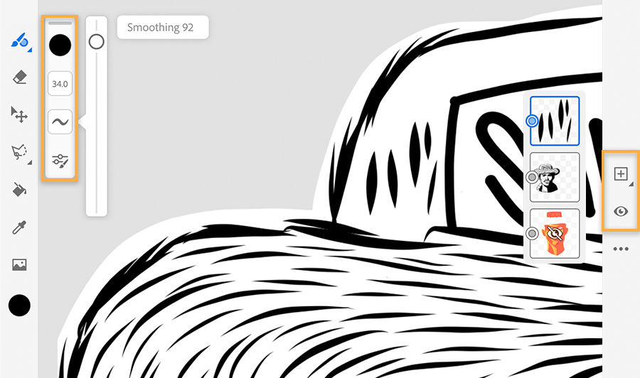 Vector drawing brush settings – color is black, brush size is 34, smoothing is 92 – digital portrait zoomed in to show hat 