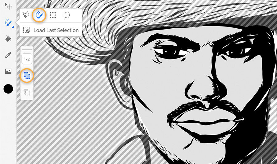 Adobe Fresco brush selection tool selected, man’s face is clear, the rest has diagonal lines to distinguish selection area  