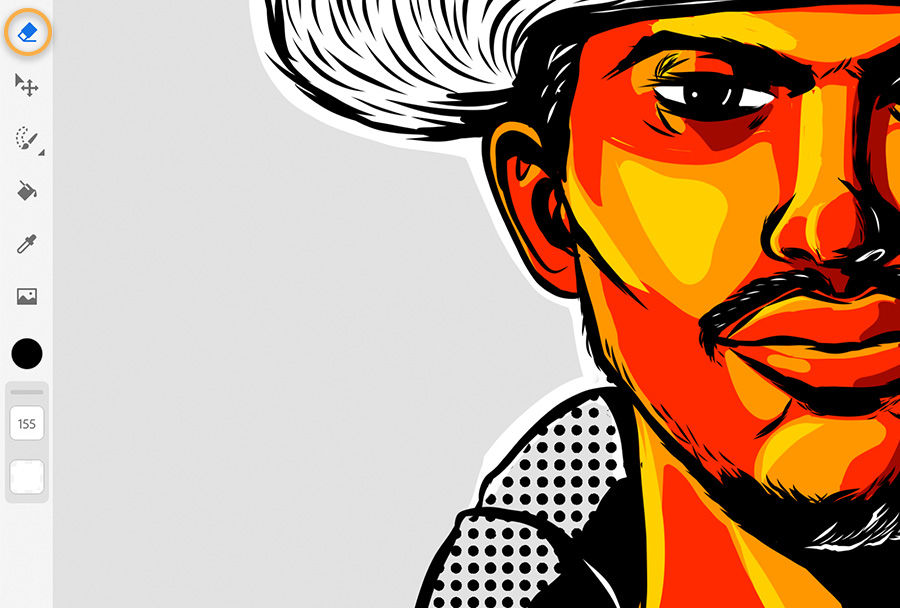 Eraser tool selected, the excess halftone brushstrokes outside of the collar have been cleaned up