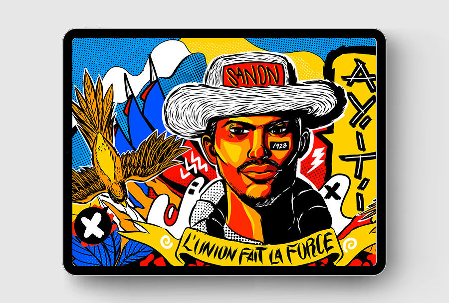 Kerwin Brisseaux’s completed digital comic-style painting shows on a drawing tablet 