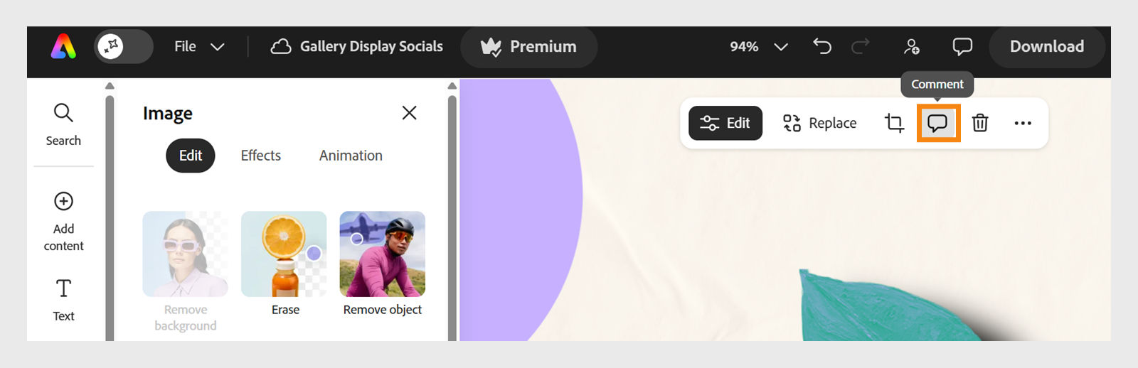 Adobe Express editor showing a design with a menu available above the editor with the option to comment icon highlighted.