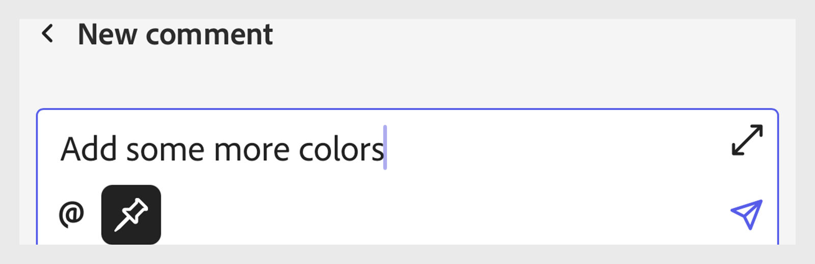 The image shows the New comment panel at the bottom of the page to add comments to the shared file. Use the pin, @, and send icon to pin, tag members, and send comments to the file. 