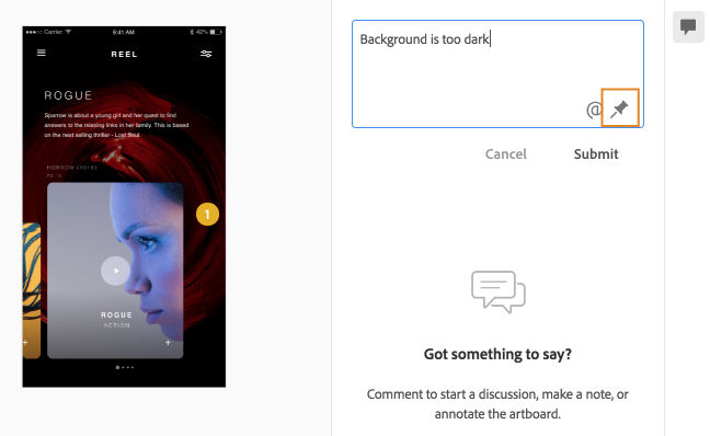 Drag the pin to a specific portion of the canvas, and type in a comment