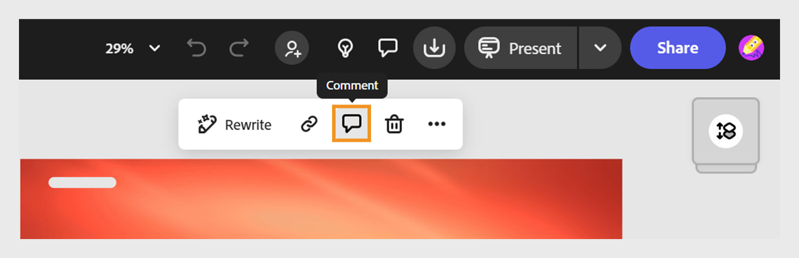 Adobe Express editor showing a design with a menu available above the editor with the option to comment icon highlighted.