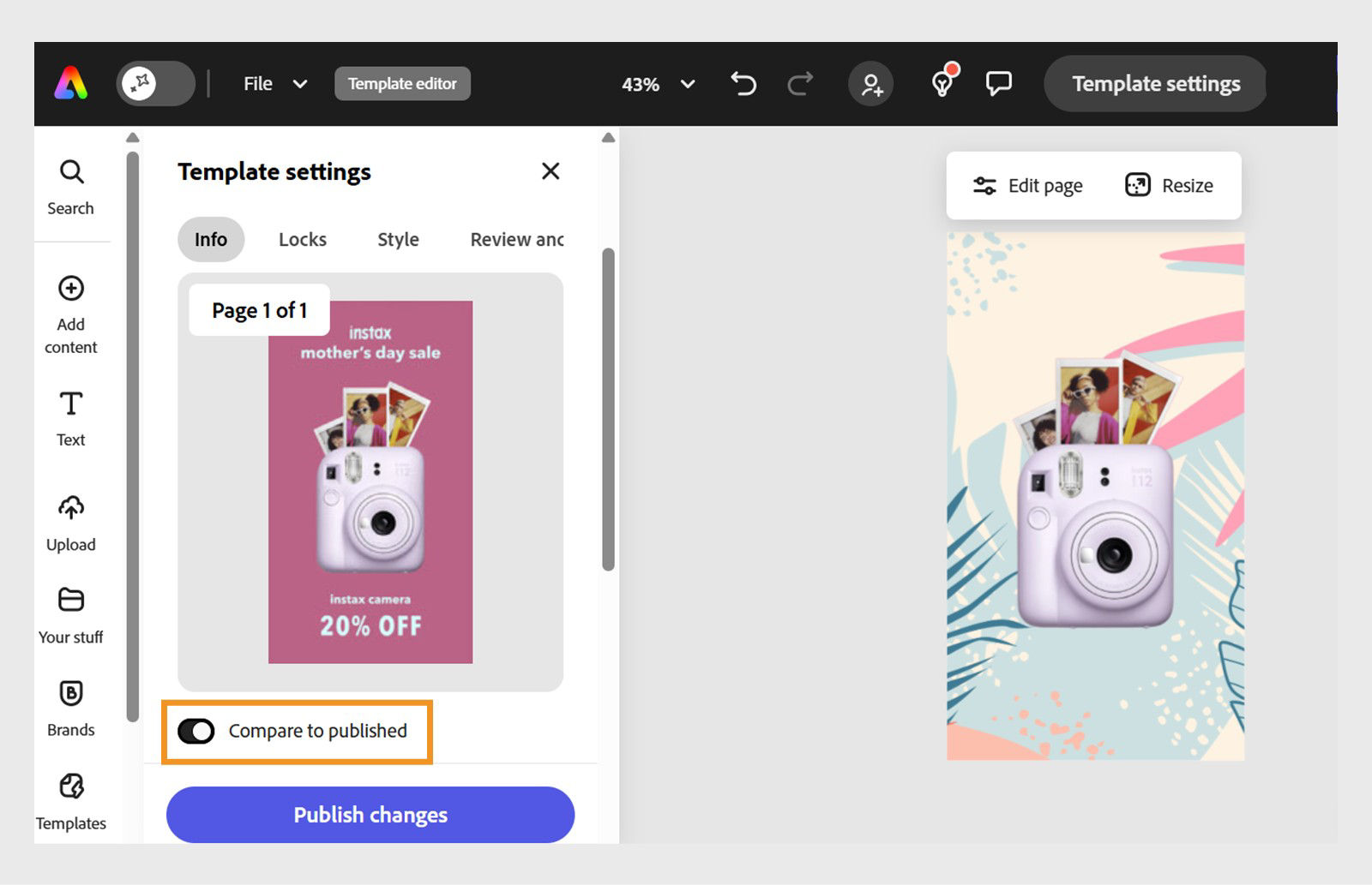 Adobe Express template editor editor showing Template settings panel on the left, a design preview in the center, and the ‘Publish changes’ button and a desiggn preview with Compare to published highlighted.