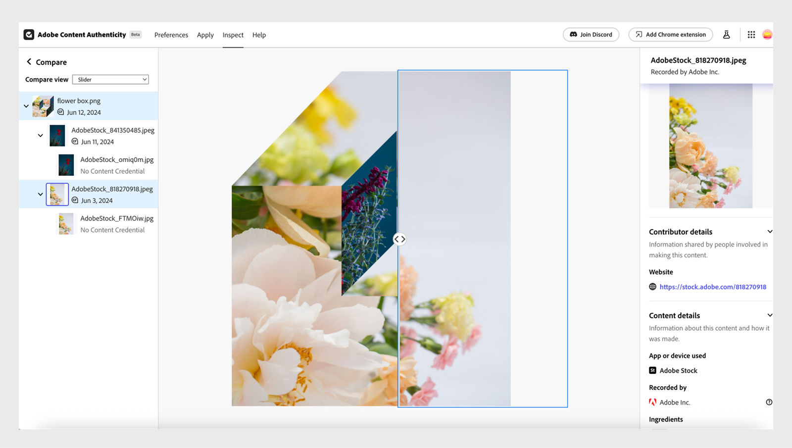 The image shows the matches on the left side, the compare view of the matches in the center, and the details of the Content Credentials of the selected image on the right side.