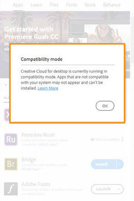Creative Cloud desktop app running in Compatibility mode