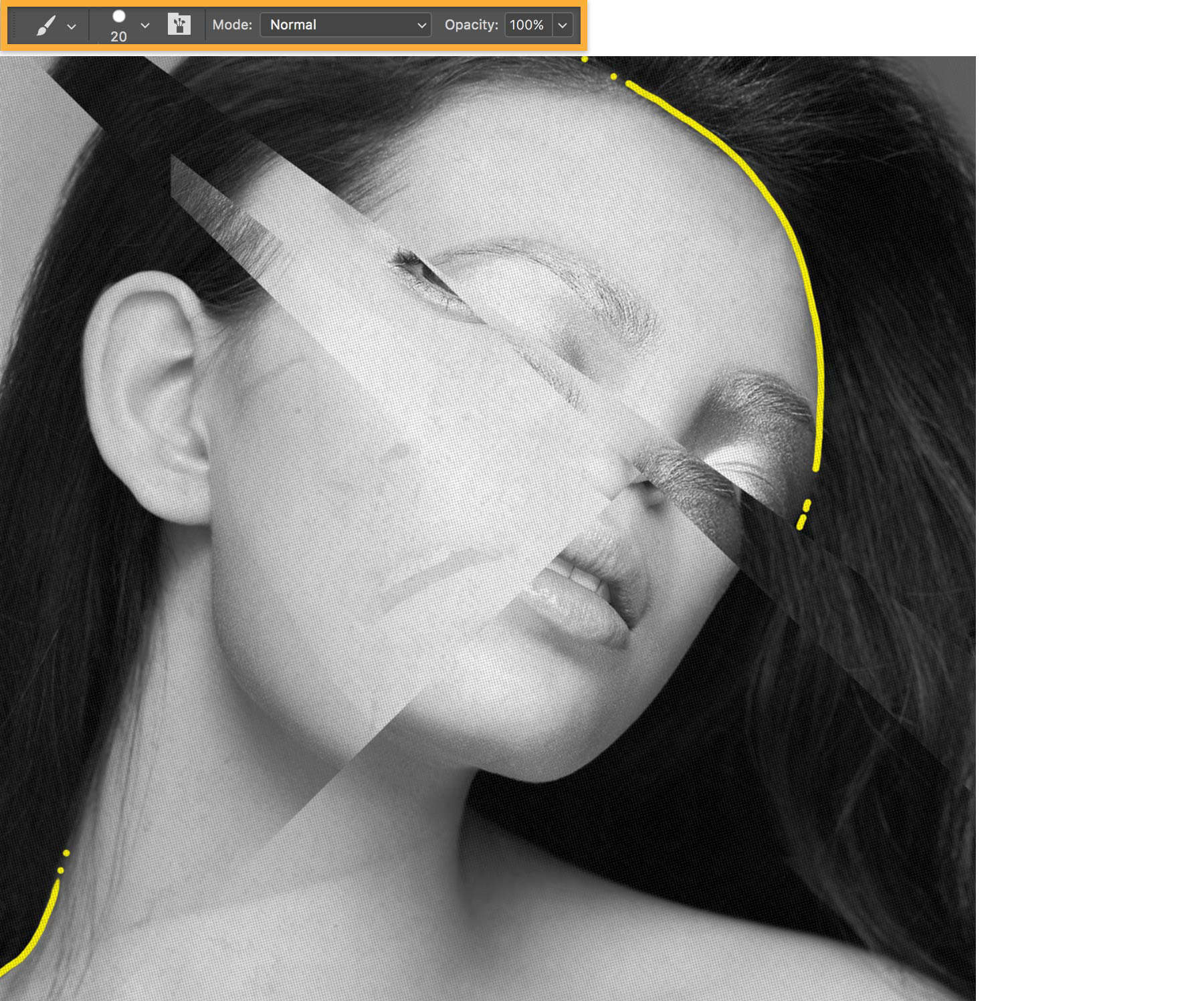 Curved yellow lines are added to accentuate the woman's hair and necklines.