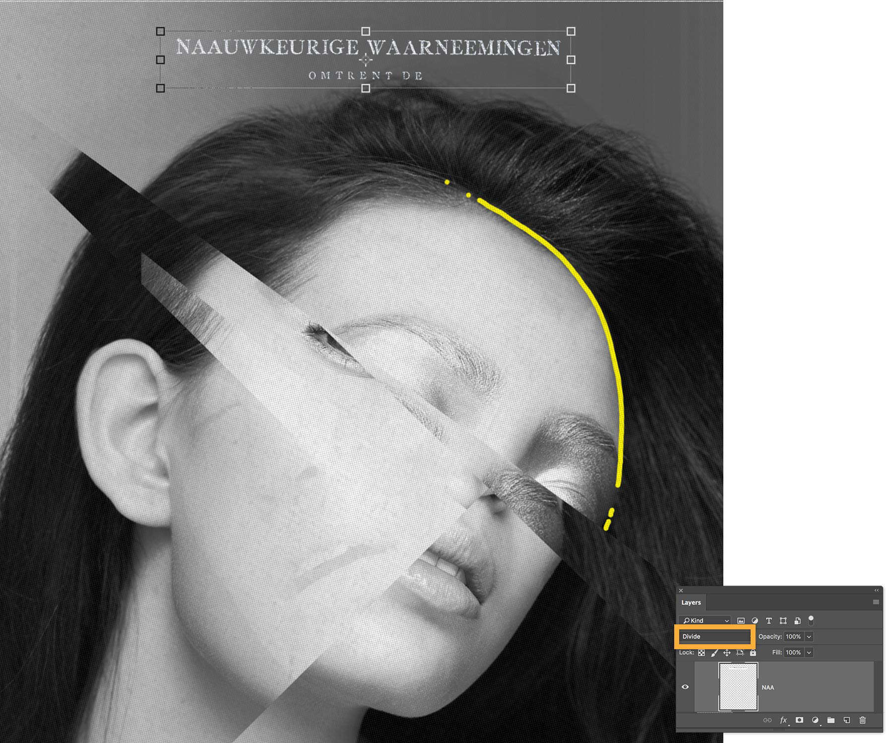 Type is moved to top of collage above woman's head. Divide Blend Mode is used to invert type color..