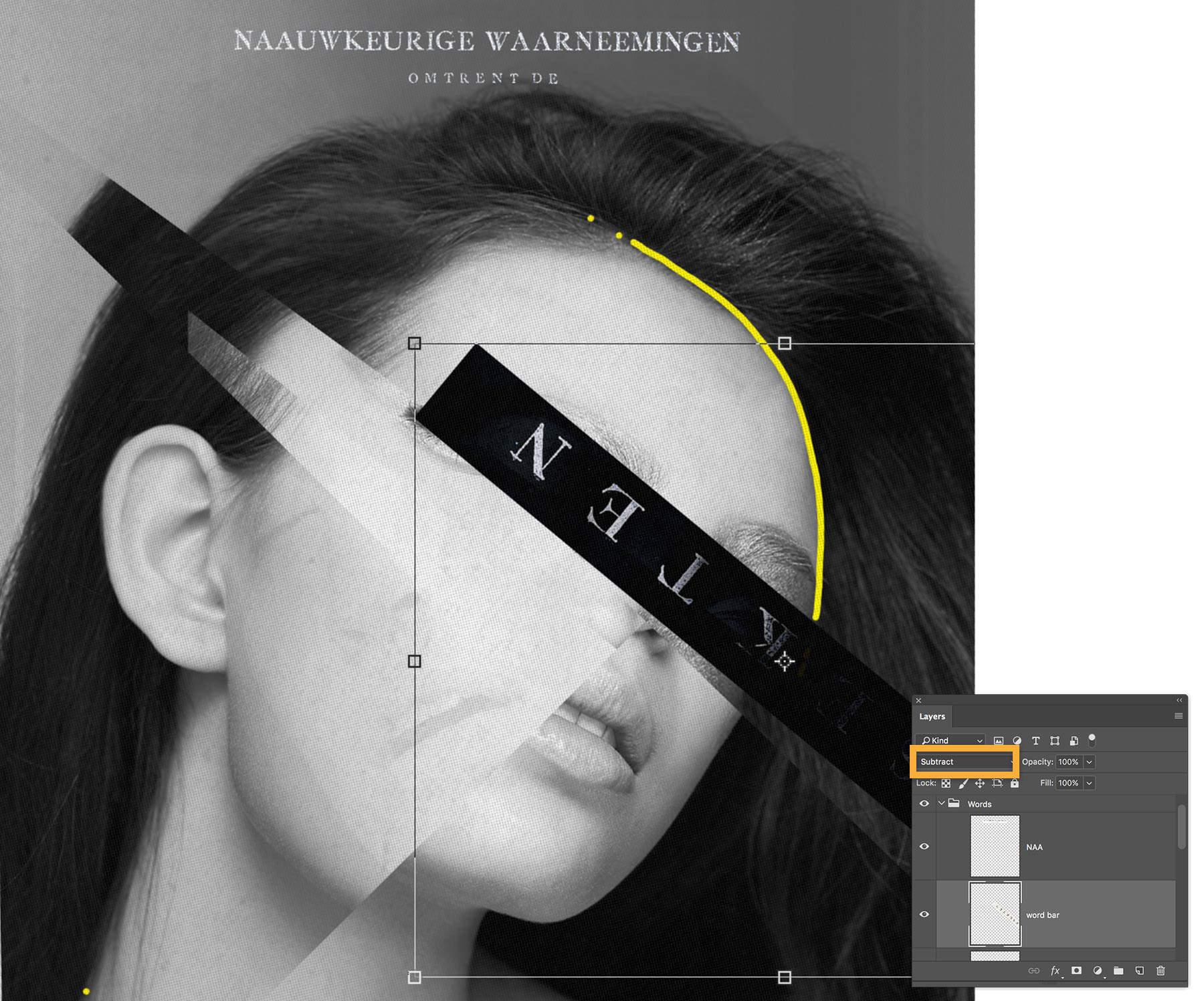 Blend Mode is set to Subtract, and box of transparent type with black background covers woman’s eyes at a diagonal. 