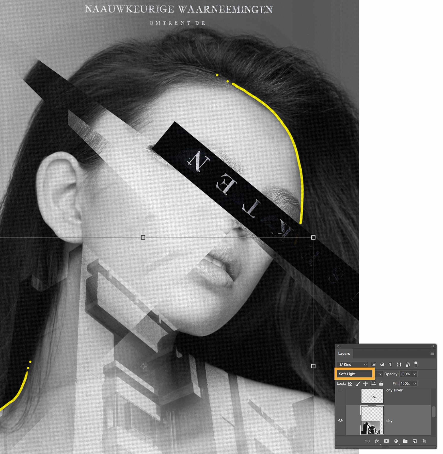 Translucent cityscape image appears over woman’s neck, aligned with her jaw. Blend Mode is set to Soft Light, opacity reduced