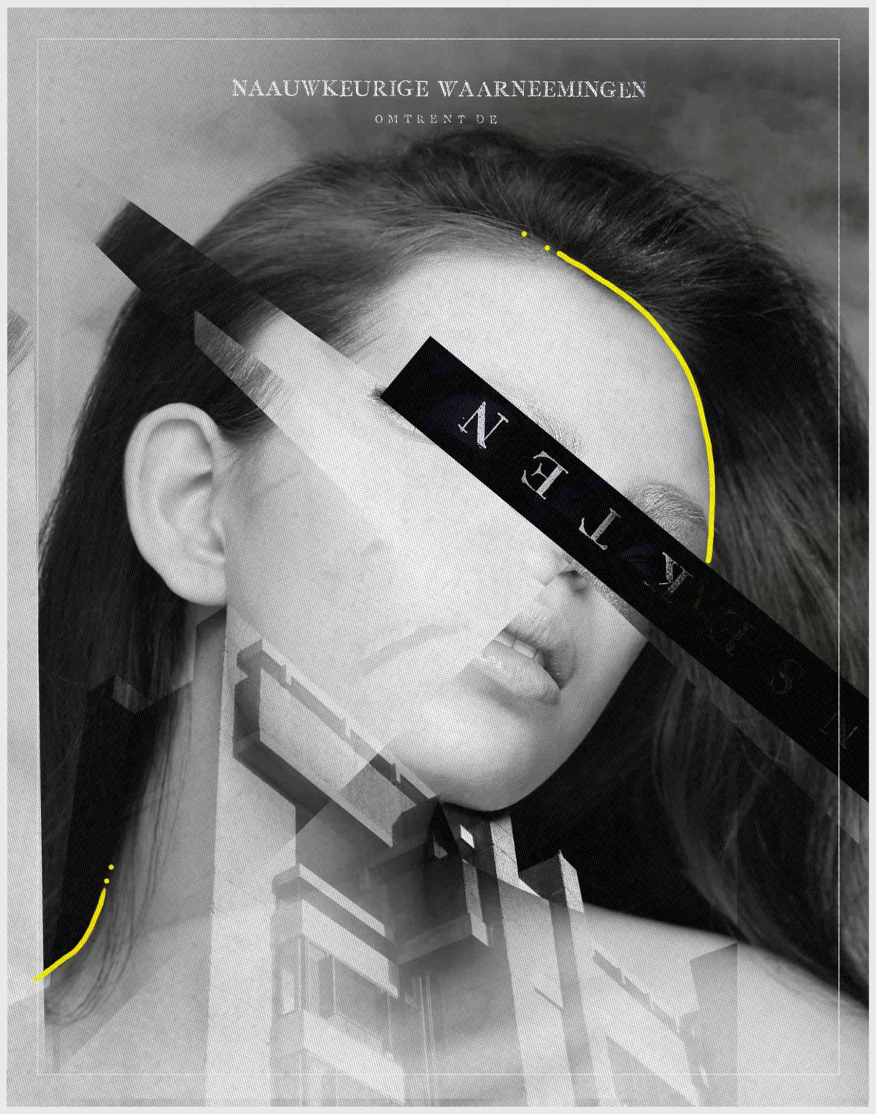 Completed collage shows woman’s face with light text at top, transparent text on black background, yellow accents, cityscape