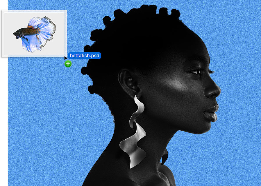 Photo of African American woman’s profile against a medium blue background with a smaller bettafish.psd thumbnail being added