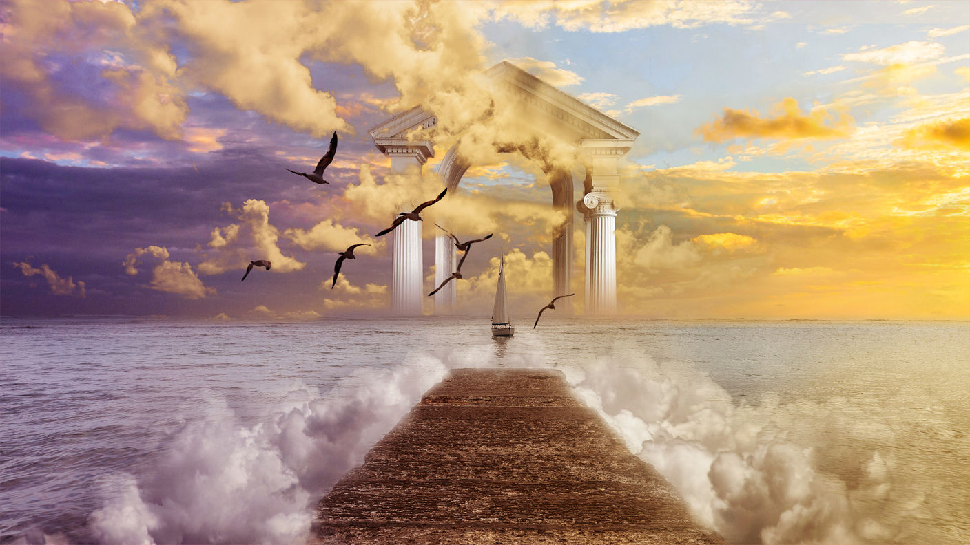 Composite artwork of clouds over ocean, sailboat, birds flying, temple structure, and waves crashing into pier. 