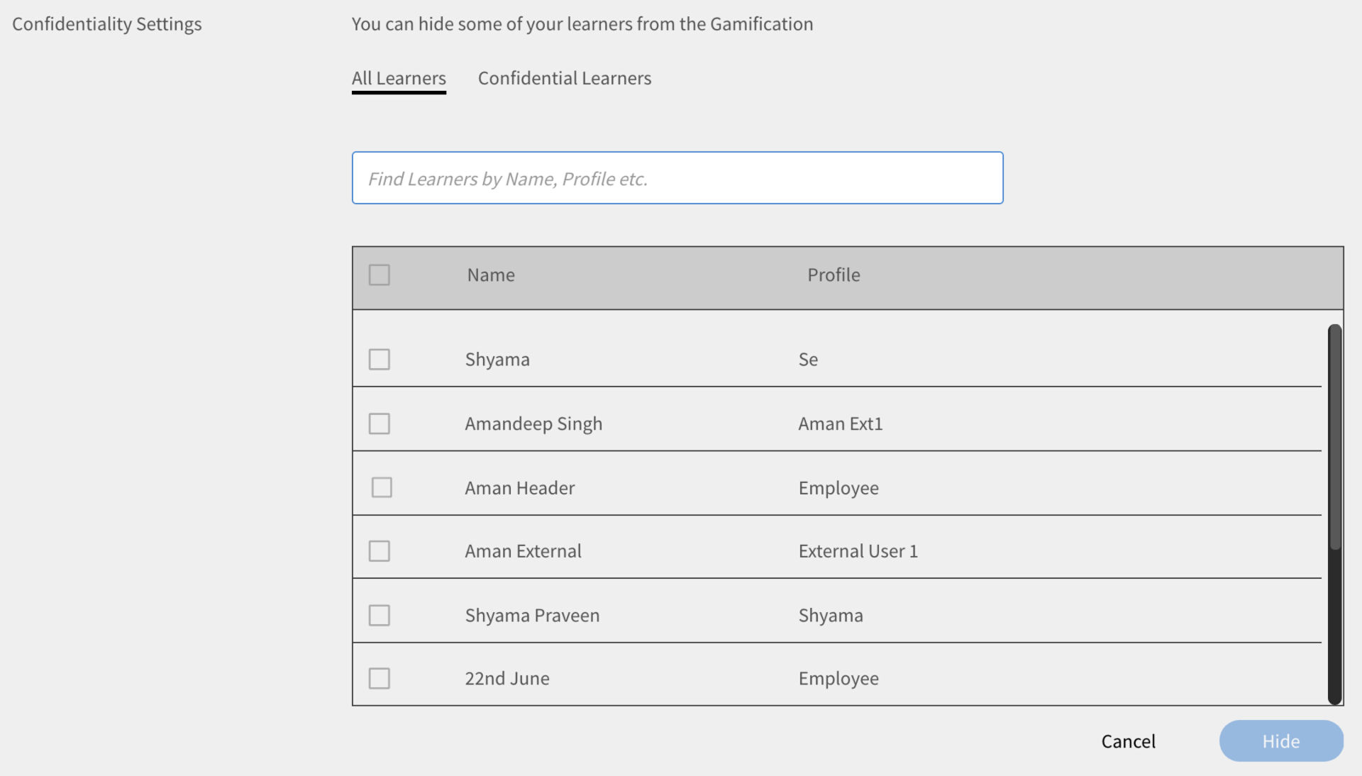 Confidentiality settings