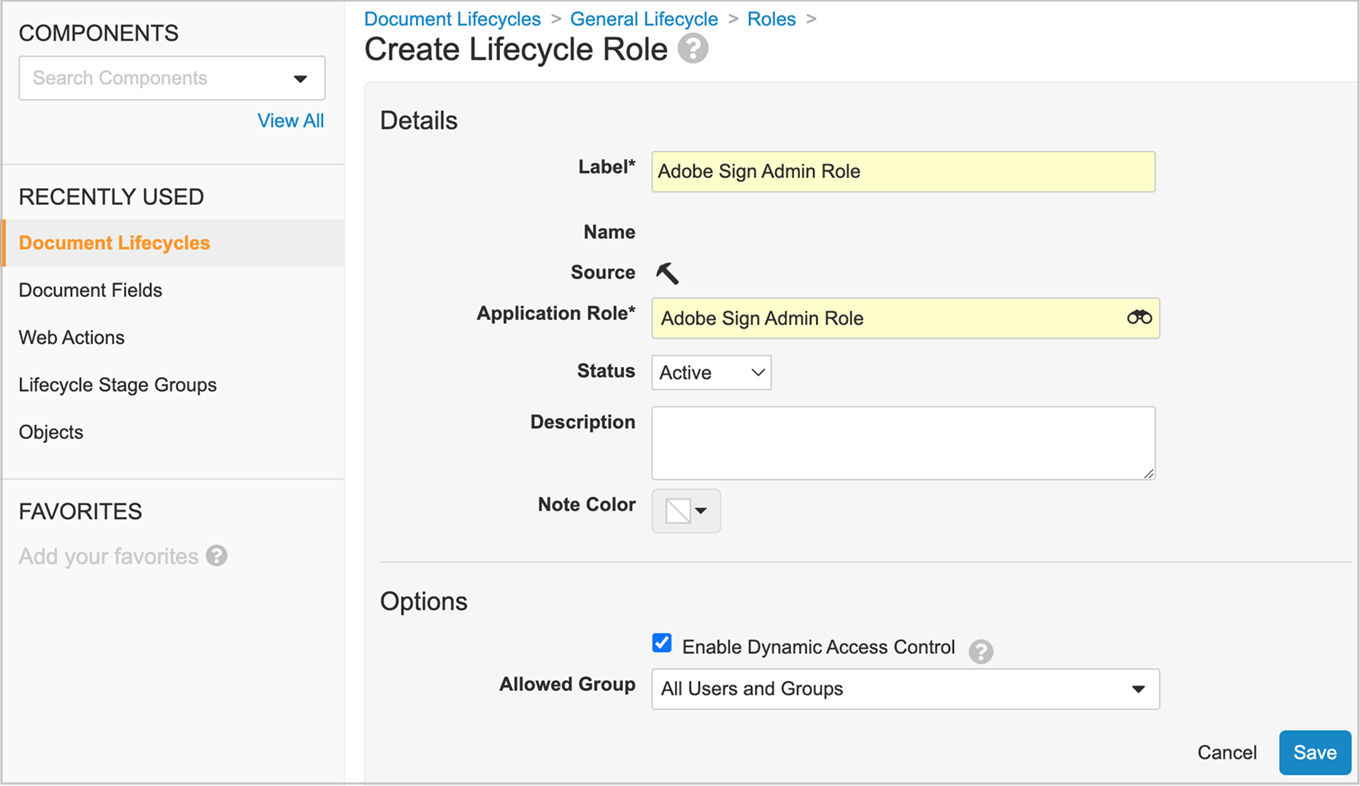 Acrobat Sign for Veeva Vault:  Create lifecycle role