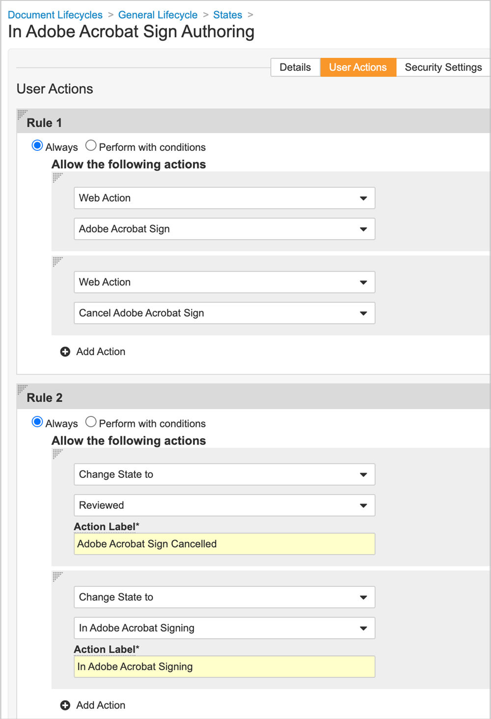 Acrobat Sign for Veeva Vault: Set user action rules in Acrobat authoring