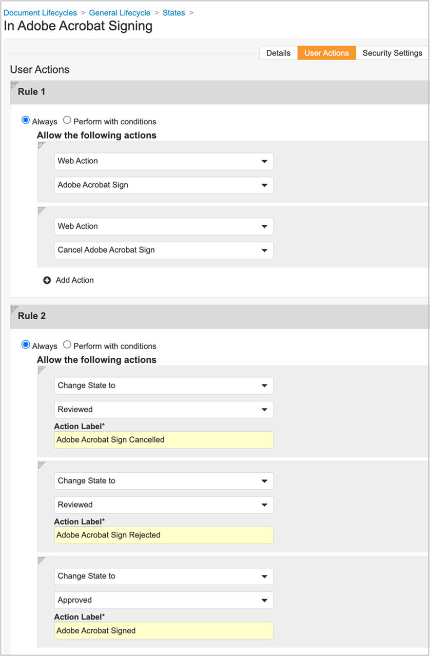 Acrobat Sign for Veeva Vault: Set user action rules in Acrobat Signing 