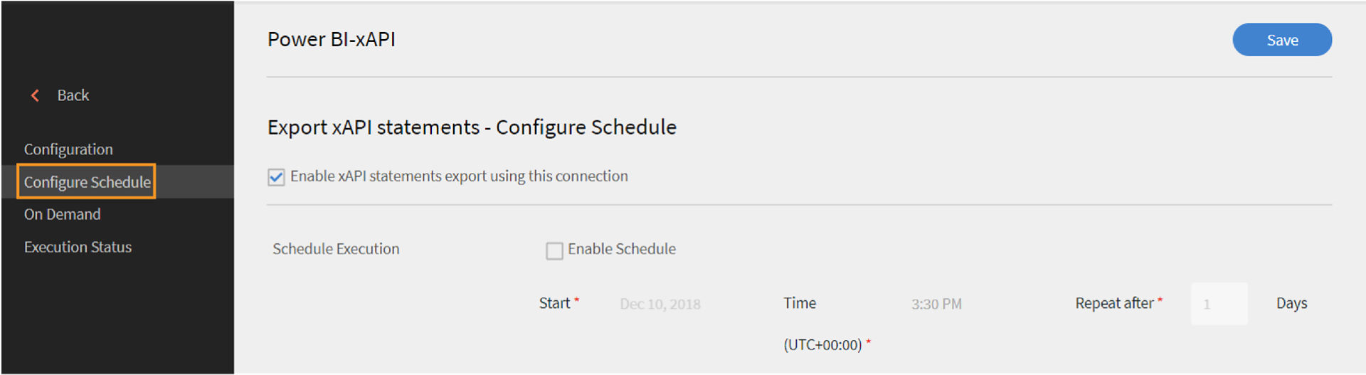 xAPI Export Configure Schedule