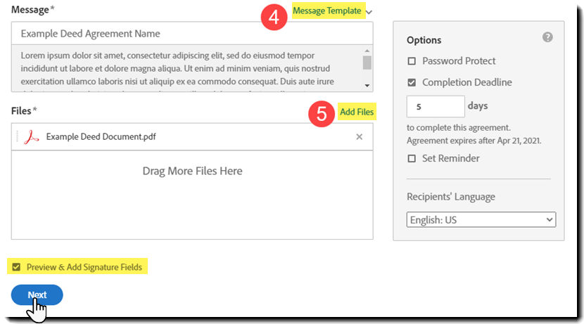 Configure the message and files