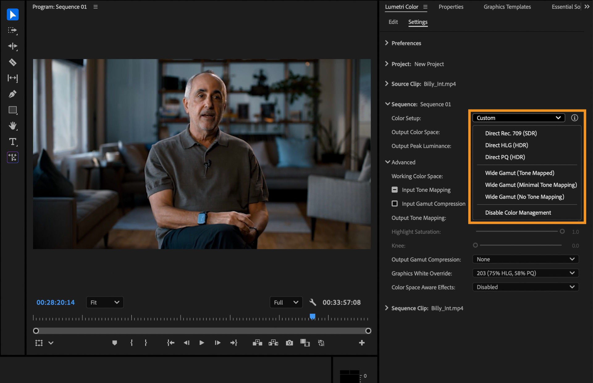 Color setup menu expanded in the Sequence Settings dialog, showing options including Disable Color Management.
