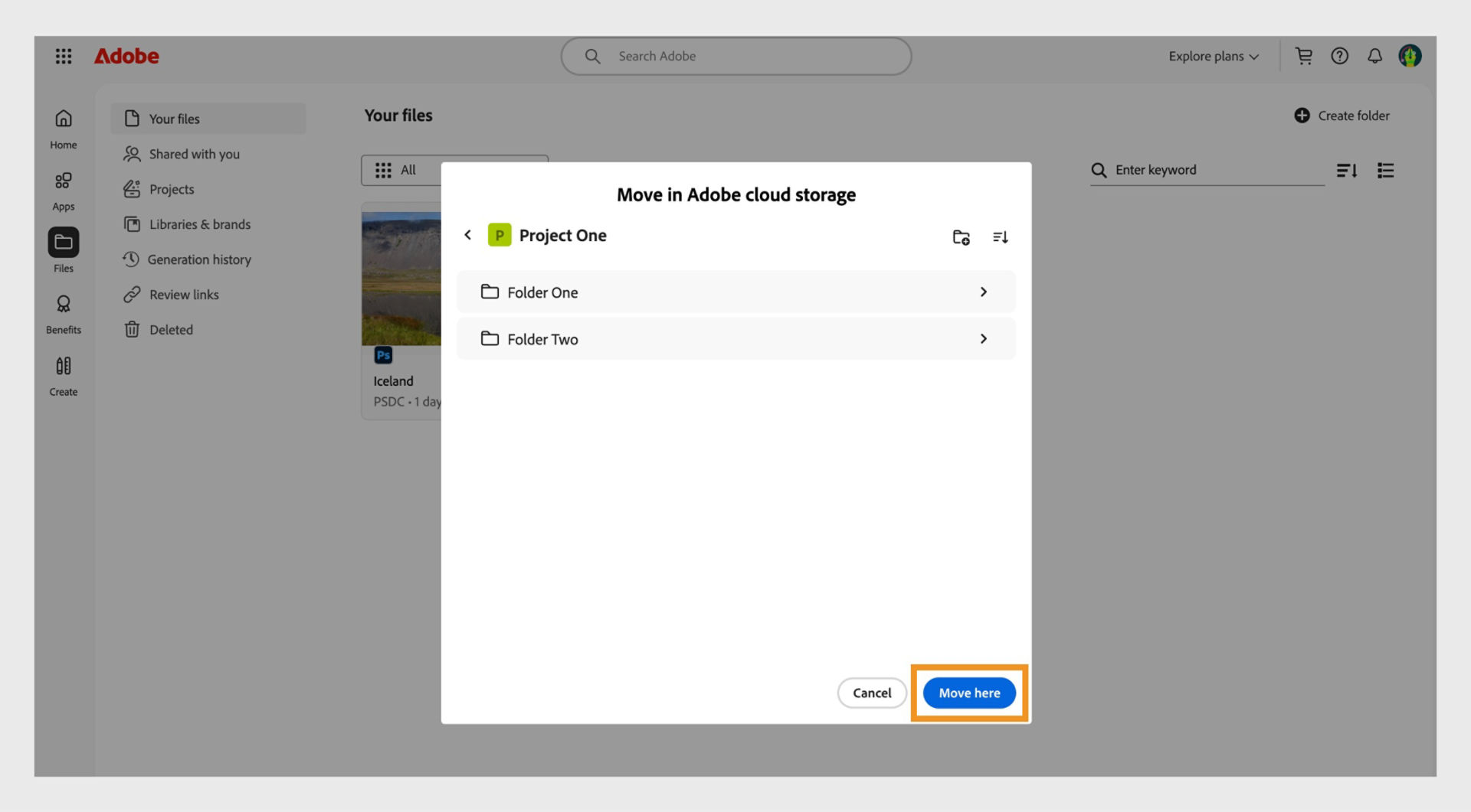 “Move in Adobe cloud storage,” folder showing the folder test-projects with a subfolder test1, and a highlighted “Move here” button in the lower-right corner.