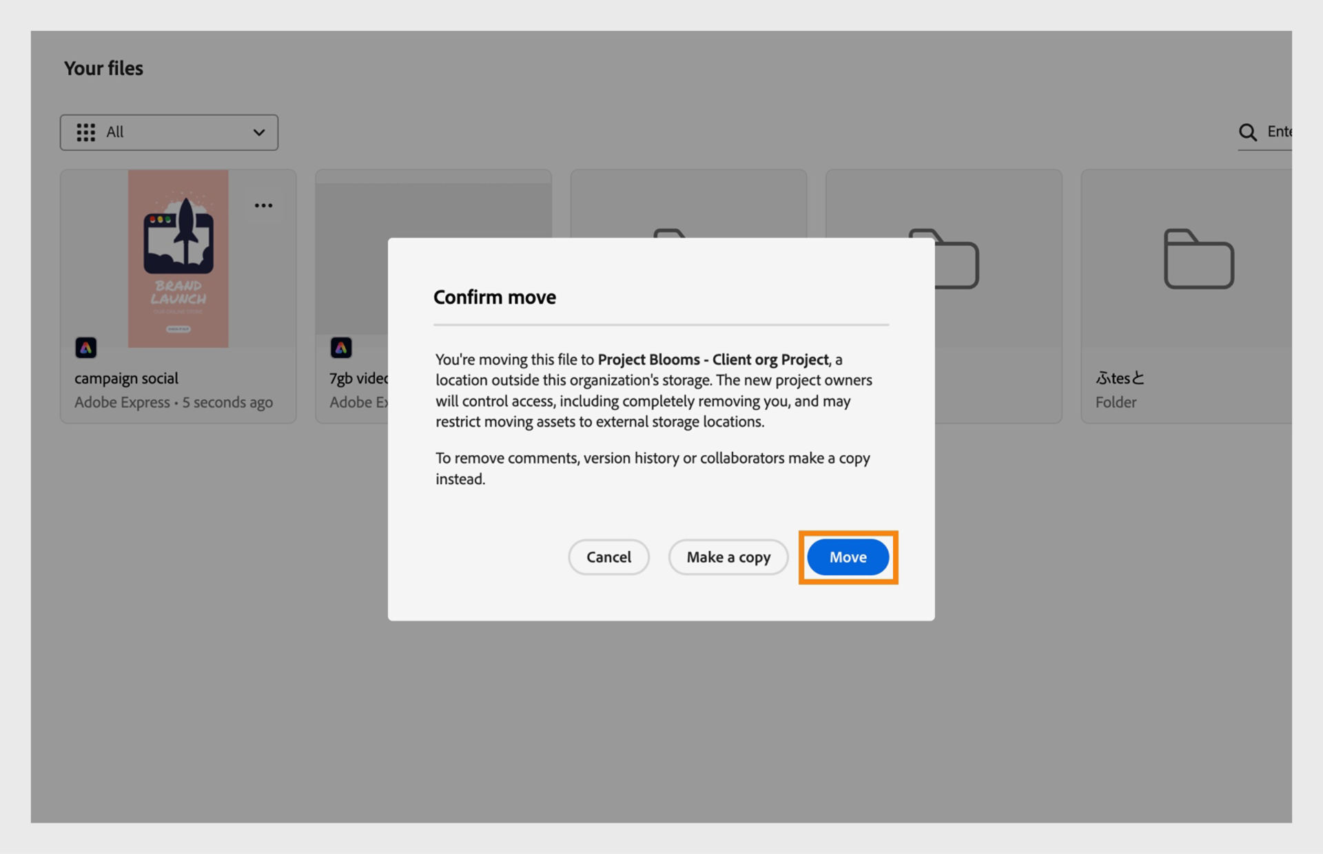 Confirmation dialog prompting the user to verify the selected project before moving the file.